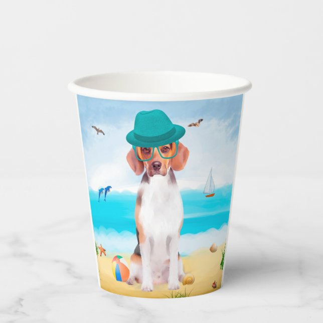 Gobelets En Papier Chien beagle Sur La Plage (Recto)