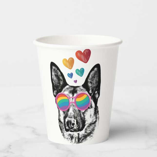 Gobelets En Papier Chien berger allemand avec coeur Saint-Valentin (Recto)