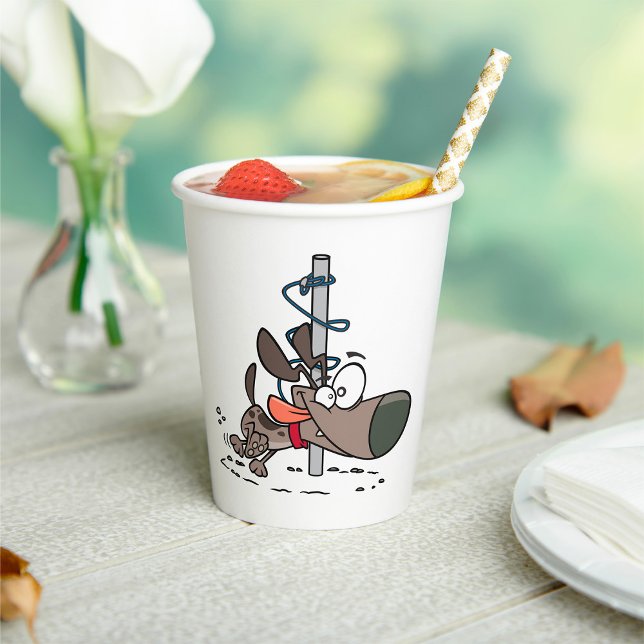 Gobelets En Papier Chien caricaturé serré autour d'un pôle avec des f (Créateur téléchargé)