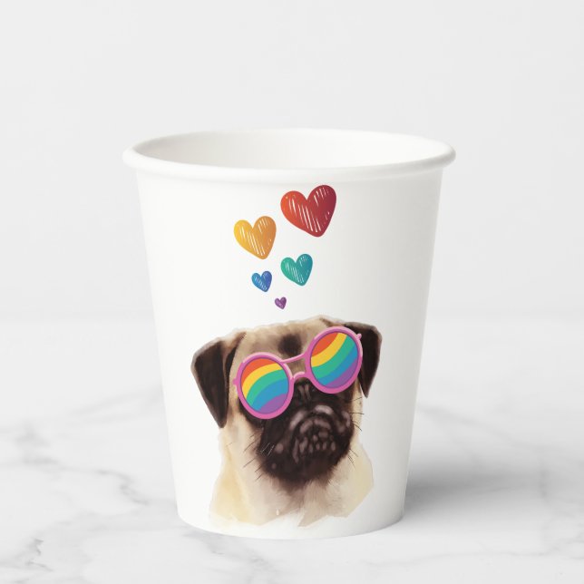 Gobelets En Papier Chien Carlin avec coeurs Saint-Valentin (Recto)