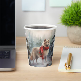 Gobelets En Papier Chien finnois de Laponie dans la neige de Noël 