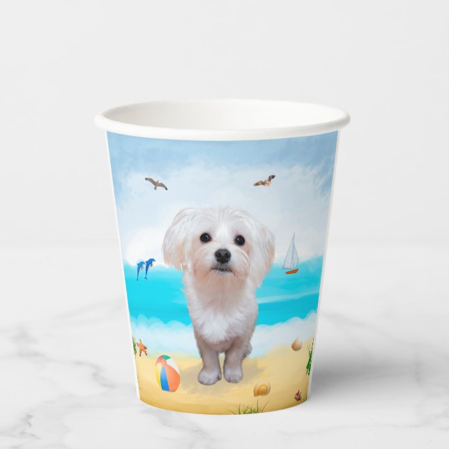 Gobelets En Papier Chien maltais sur la plage (Recto)