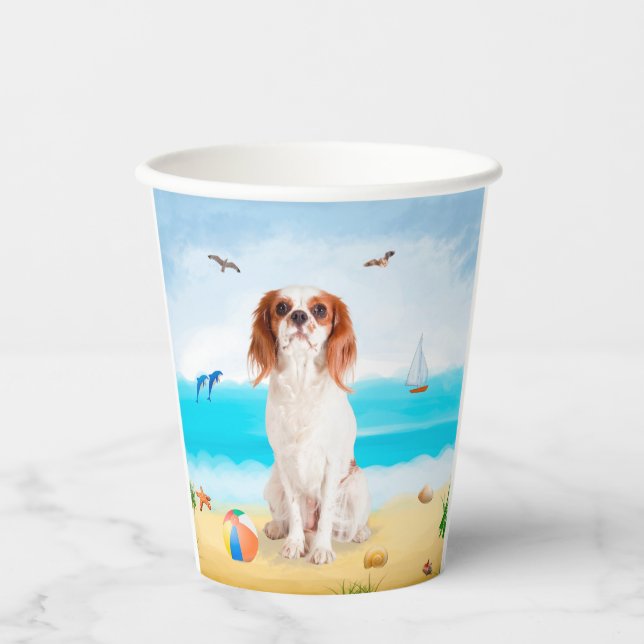 Gobelets En Papier Chien roi cavalier sur la plage (Recto)