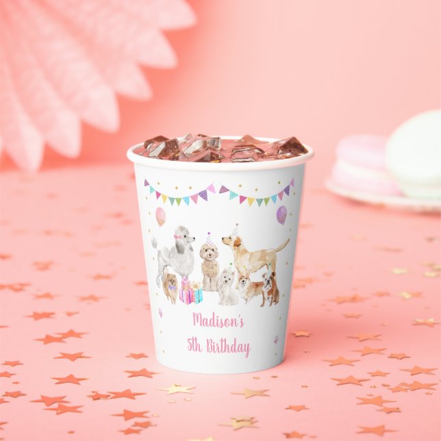 Gobelets En Papier Chien rose rose or Paw-ty fille Anniversaire (Insitu)