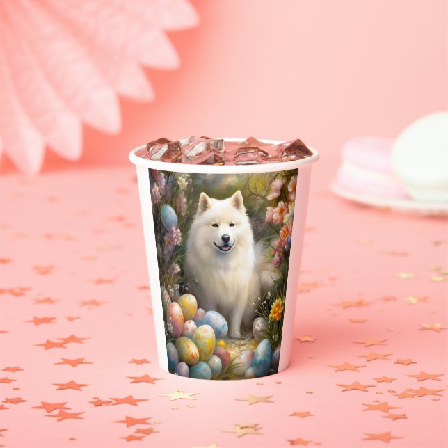 Gobelets En Papier Chien Samoyé avec oeufs de Pâques vacances (Insitu)