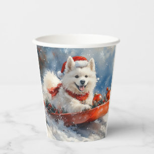 Gobelets En Papier Chien Samoyède en Traîneau Laissez Tomber la Neige