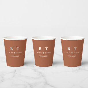 Gobelets En Papier Chiffres romains orange brûlés Monogramme Mariage