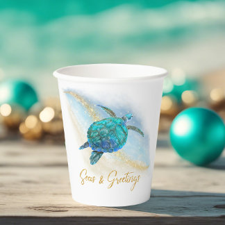 Gobelets En Papier Christmas Beach Sea Turtle Seas et salutations