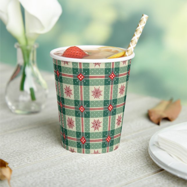 Gobelets En Papier Christmas Red Snowflakes Green Checks Pattern (Insitu)