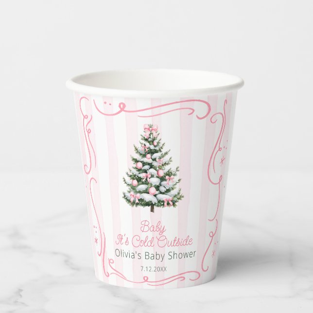 Gobelets En Papier Christmas Tree Pink Winter Baby Shower (Recto)