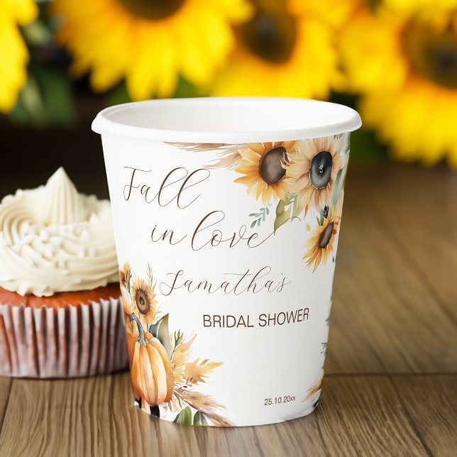 Gobelets En Papier Chute d'amour boho citrouille tournesol vaisselle (Fall in love boho pumpkin sunflowers tableware personalized monogram printed paper cups)