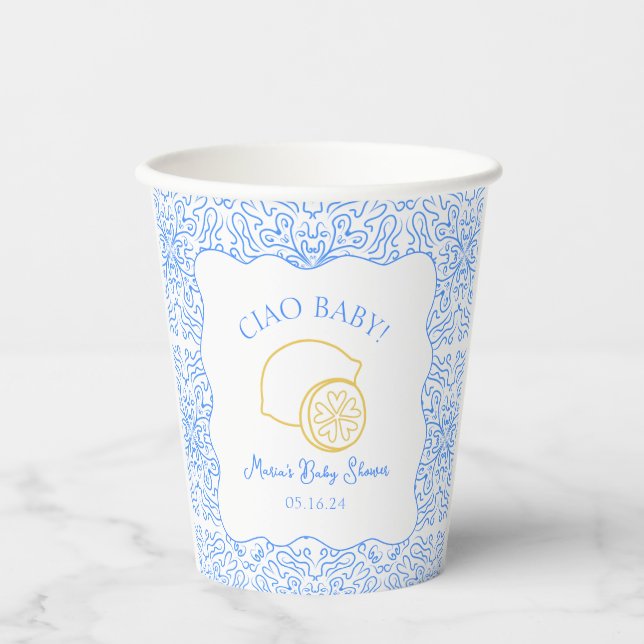 Gobelets En Papier Ciao Baby ! Baby shower italien citron bleu (Recto)