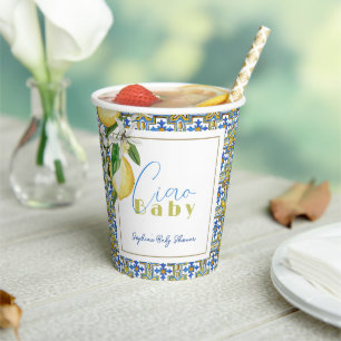 Gobelets En Papier Ciao Baby Carrelage bleu Citrus Citron Baby Douche