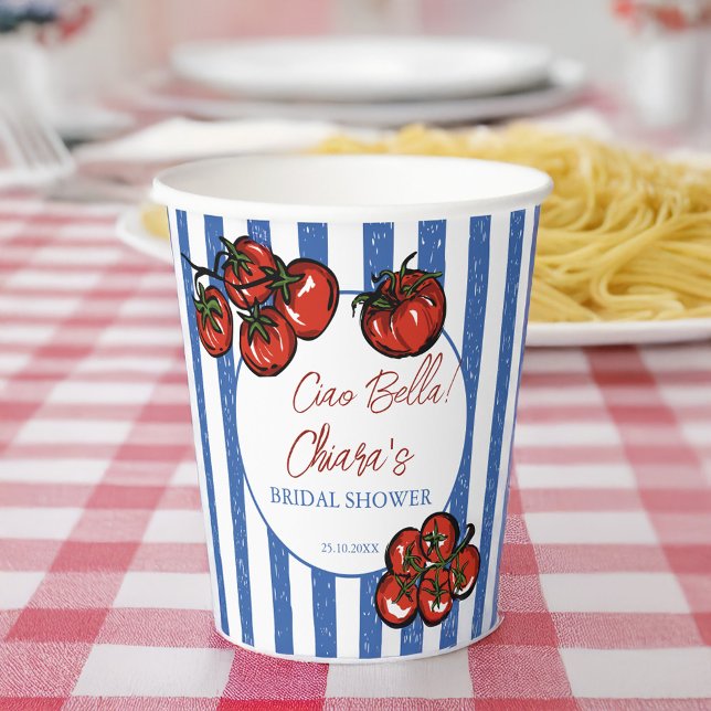 Gobelets En Papier Ciao bella tomates rayures douche de mariage itali (Ciao bella tomato blue stripes Italian farmers market pasta bridal shower personalized Paper Cups)