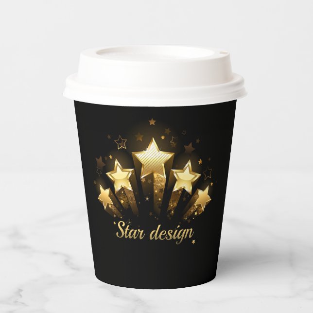 Gobelets En Papier Cinq étoiles d'or en noir (Recto)