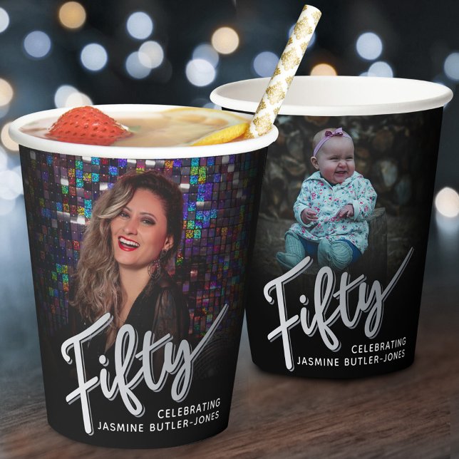 Gobelets En Papier Cinquante 50e anniversaire script photo noir argen (Créateur téléchargé)