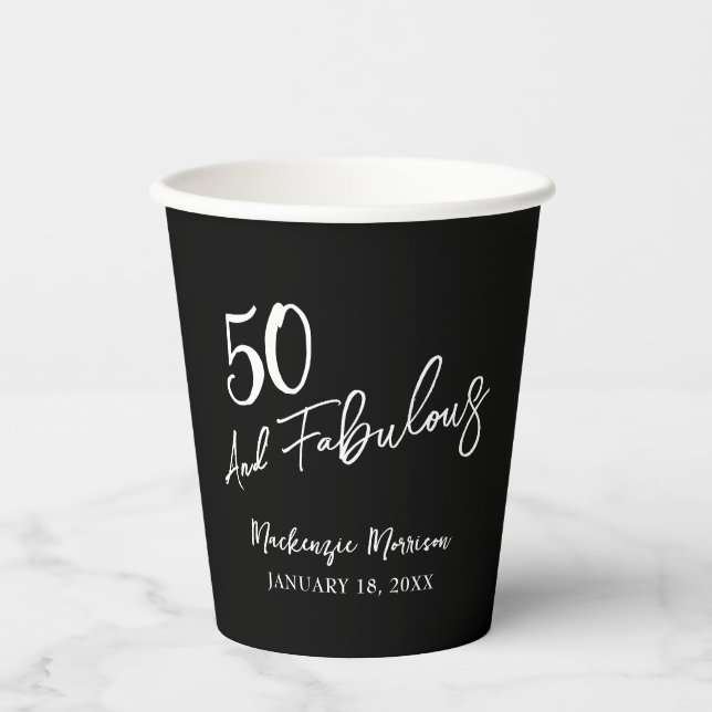 Gobelets En Papier Cinquante ans noir et fabuleux script fête d'anniv (Recto)