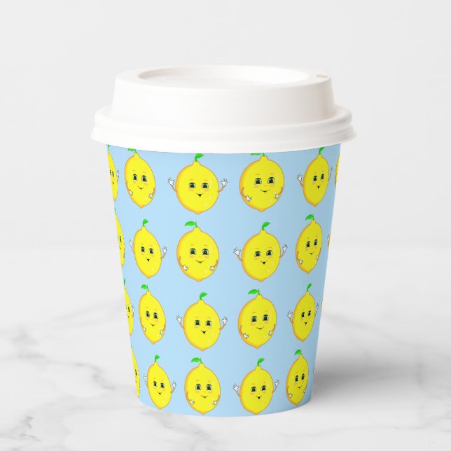 Gobelets En Papier Citrons heureux sur fond bleu clair (Recto)