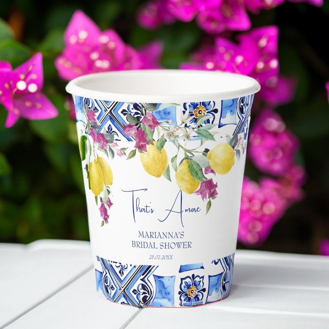 Gobelets En Papier Citrons italiens bougainvilliers agrumes douche de (Italian maiolica blue tiles lemons bougainvillea citrus bridal shower personalized paper cups )