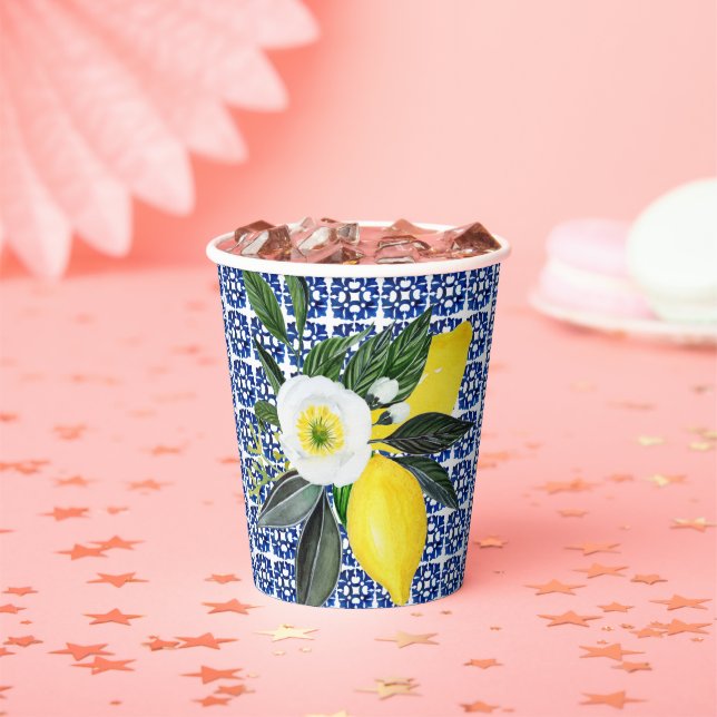 Gobelets En Papier Citrons Méditerranéens Carreau Bleu (Insitu)