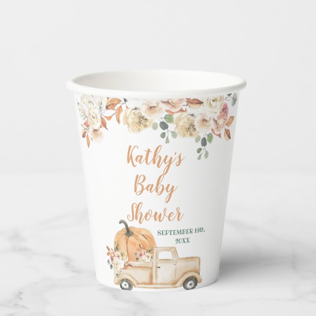 Gobelets En Papier Citrouille Camion Rustique Baby shower Floral Blan (Recto)