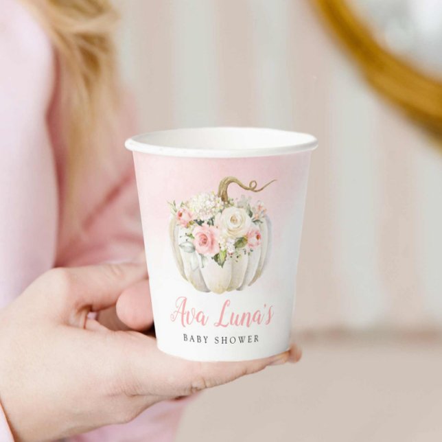Gobelets En Papier Citrouille d'automne Baby shower de fille personna (Pink Fall Pumpkin Girl Baby Shower Paper Cups)