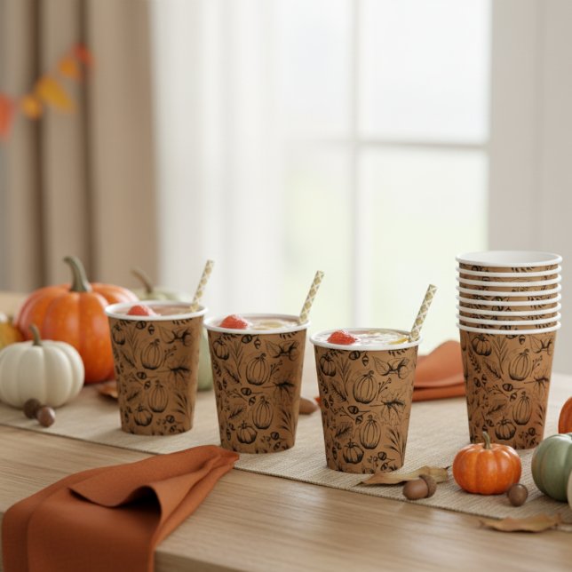 Gobelets En Papier Citrouille de récolte d'automne (Thanksgiving Paper Cups. Burnt Orange Fall Harvest Pattern-Pumpkins, Autumn Leaves, Acorns, Berries)