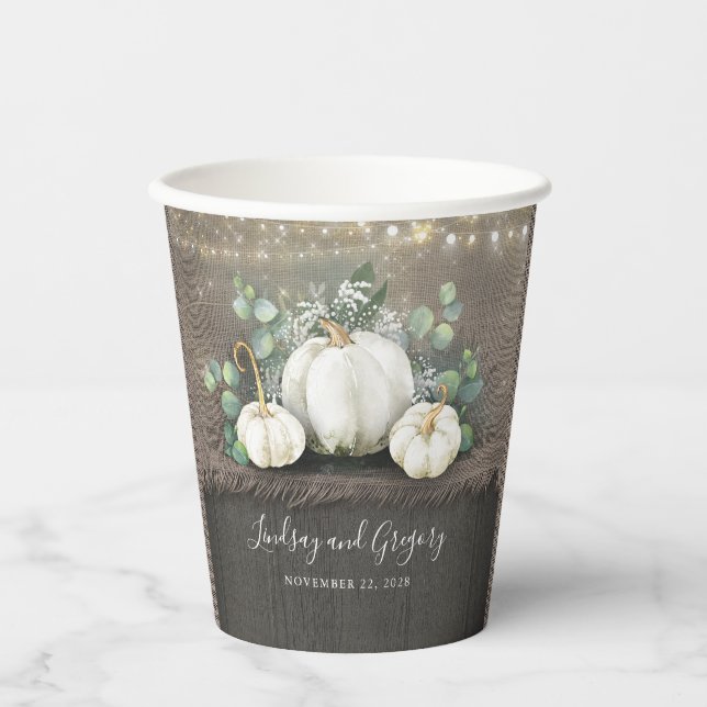 Gobelets En Papier Citrouilles blanches et automne rustique en toile  (Recto)