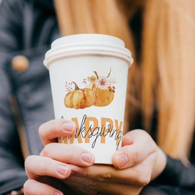 Gobelets En Papier Citrouilles d'aquarelle et Bon thanksgiving orange (Créateur téléchargé)