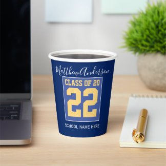 Gobelets En Papier Classe de 2023 Elégant Royal Blue & Gold Graduatio