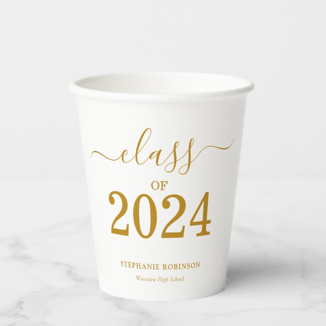 Gobelets En Papier Classe de 2024 Gold Script Graduation (Recto)