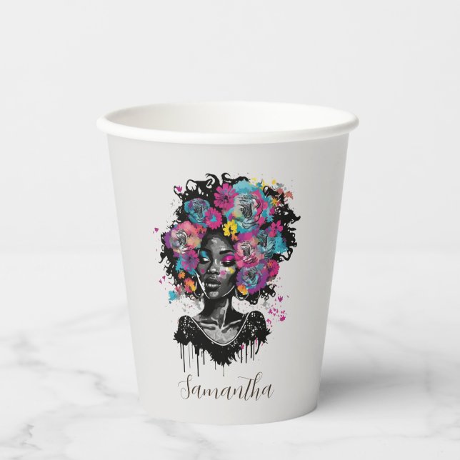 Gobelets En Papier Classe Florale Afro Femme (Recto)