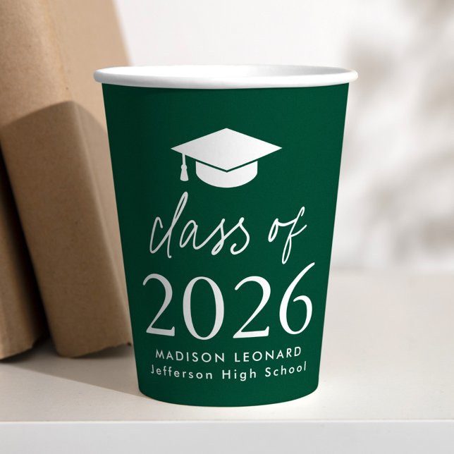 Gobelets En Papier Classe moderne de 2025 Script Green Graduation (Créateur téléchargé)