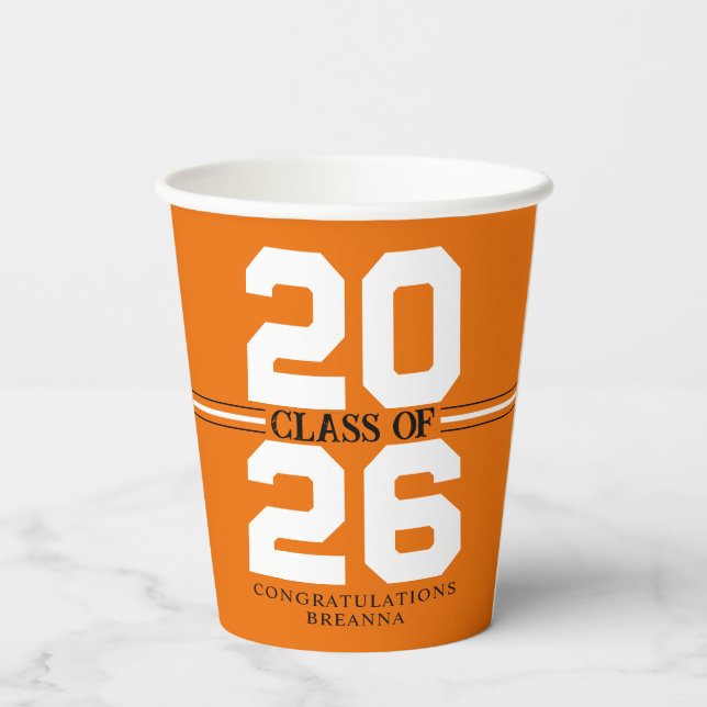 Gobelets En Papier Classe Orange & Blanc de Graduation Personnalisée (Verso)