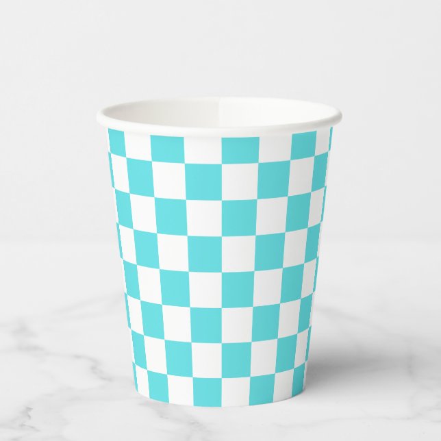 Gobelets En Papier Classique damier bleu turquoise visuel  (Gauche)