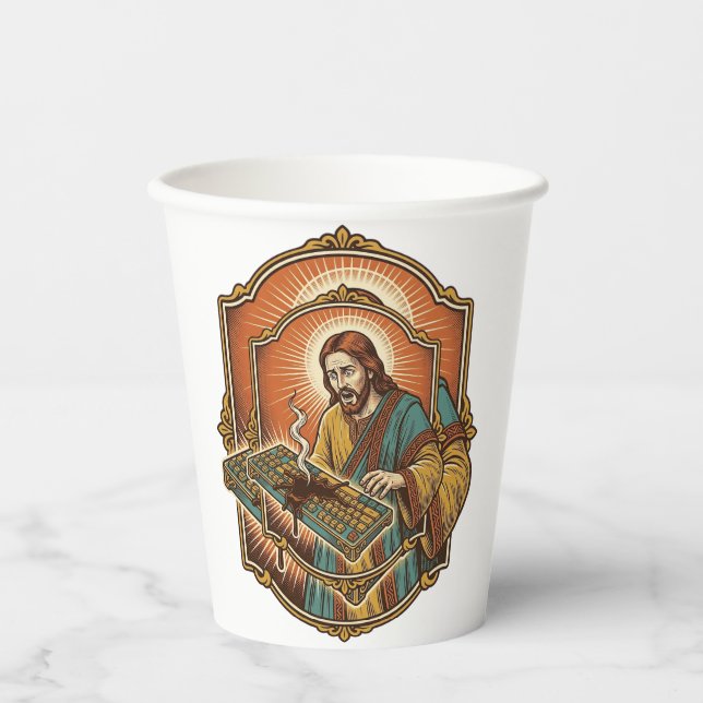 Gobelets En Papier Clavier mécanique Jésus café renversé cassé techno (Recto)