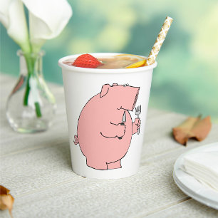 Gobelets En Papier Cochon affamé drôle tenant une fourchette et un co