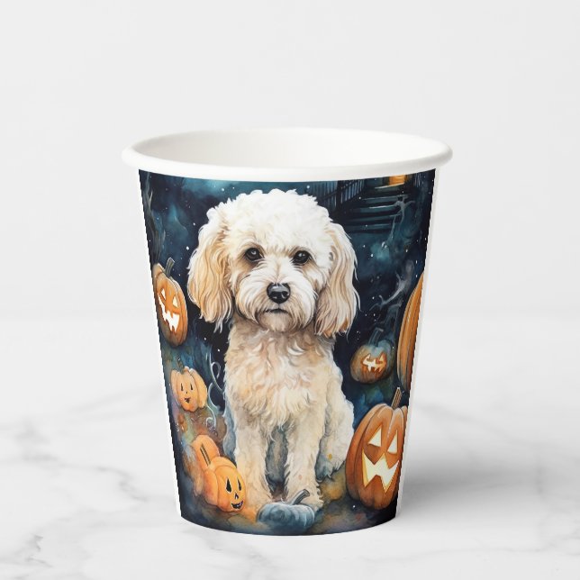 Gobelets En Papier Cockapoo d'Halloween avec citrouilles effrayant  (Recto)