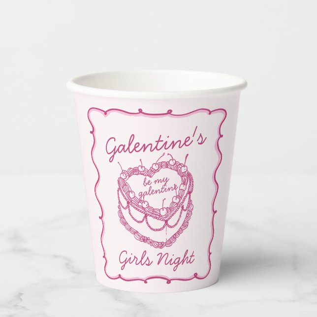 Gobelets En Papier Cœur Rétro Rose Coquette Gâteau Cerise Galentines (Recto)