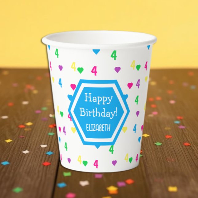 Gobelets En Papier Cœurs Arc-en-Ciel 4e Anniversaire (Créateur téléchargé)