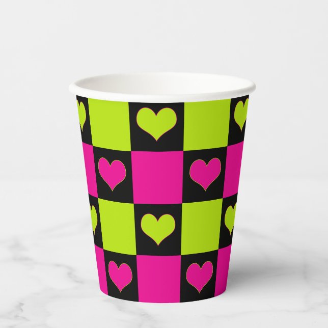 Gobelets En Papier Coeurs de tableau de bord - Vert citron, rose chau (Recto)