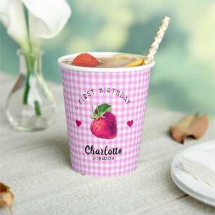 Gobelets En Papier Coeurs fraises Anniversaire fille rose À damiers