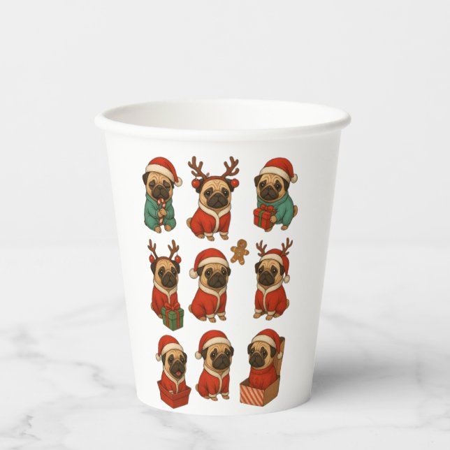 Gobelets En Papier Collection Noël de Pug adorable (Recto)