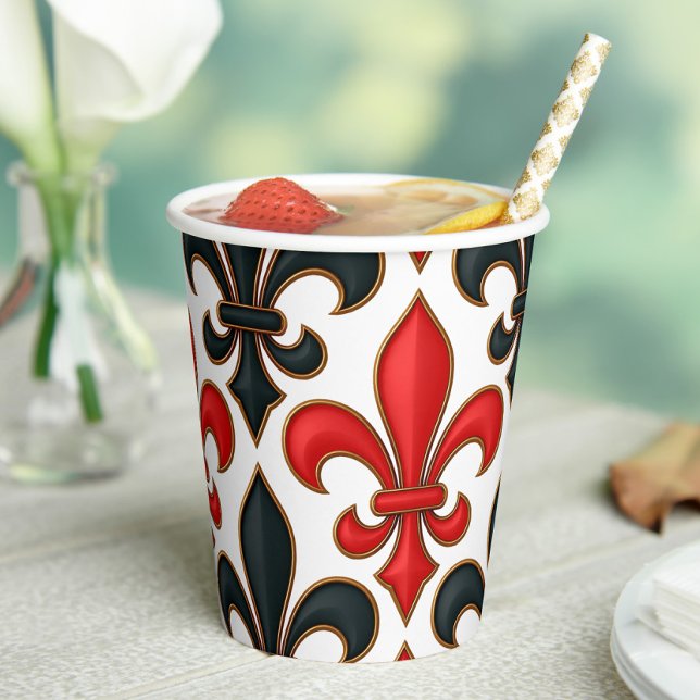 Gobelets En Papier Conception de motif baroque fleur de lis rouge noi (Créateur téléchargé)