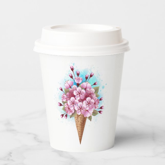 Gobelets En Papier Cône rose Sakura crème glacée gaufre (Recto)