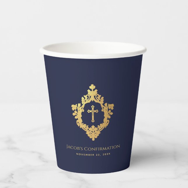 Gobelets En Papier Confirmation Garçon Marine Croix Bleue Crest Faux  (Recto)