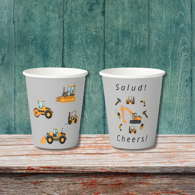 Gobelets En Papier Construction gris Thème Anniversaire Garçon Biling (Gray paper cup construction party for boy, custom text in Spanish. Multilingual Project)