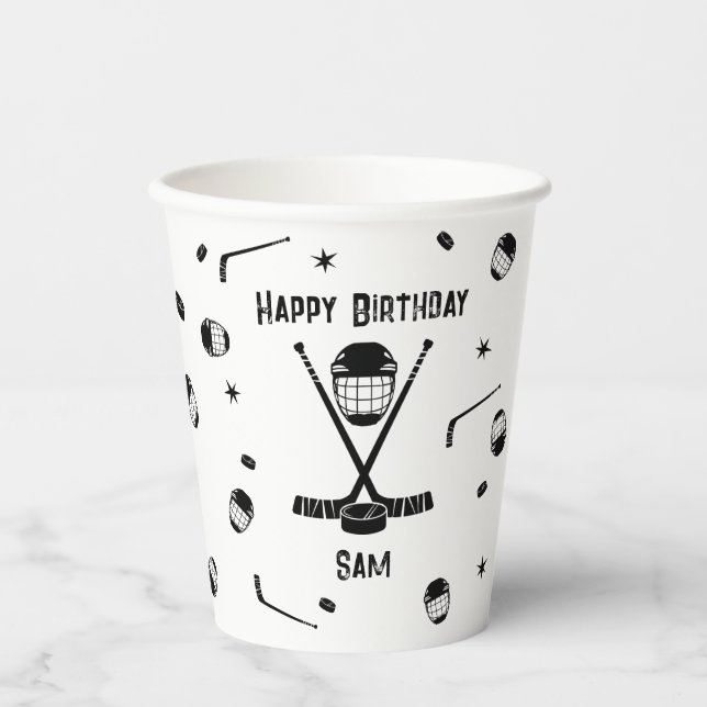 Gobelets En Papier Cool de hockey sur glace Noir et blanc fête d'anni (Recto)