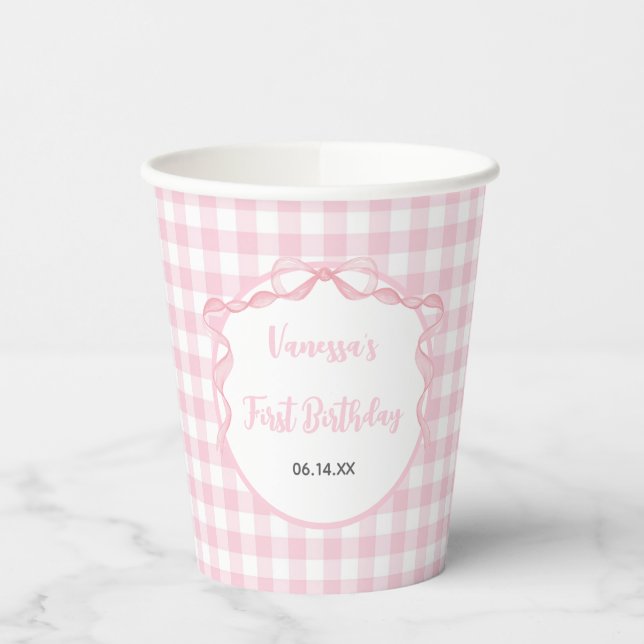 Gobelets En Papier Coquette Bow rose pâle 1er Anniversaire Coupe papi (Gauche)