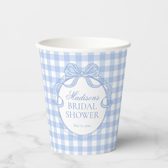 Gobelets En Papier Coquette en vichy bleu pour mariage (Recto)